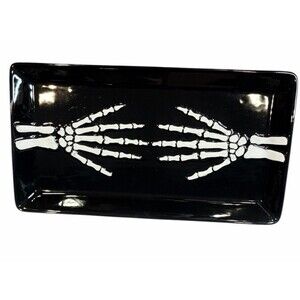 Makery Ceramic Halloween Serving Tray Skeleton Hands Black White 15x8.5”